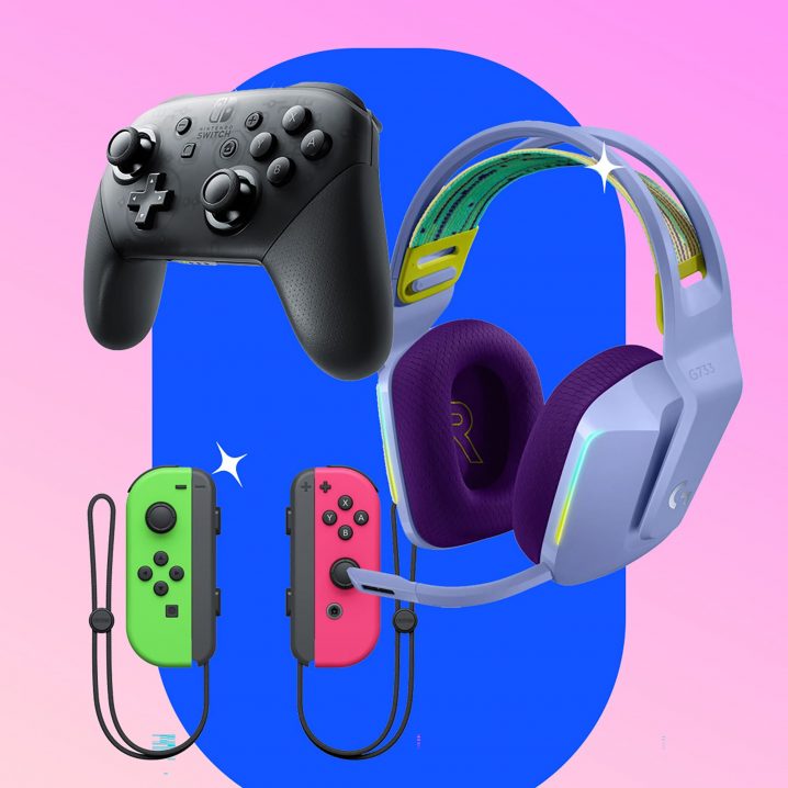 The Nintendo Switch Pro Controller, Logitech G733 wireless headset, and neon green and pink Joy-Cons against a pink and blue background.