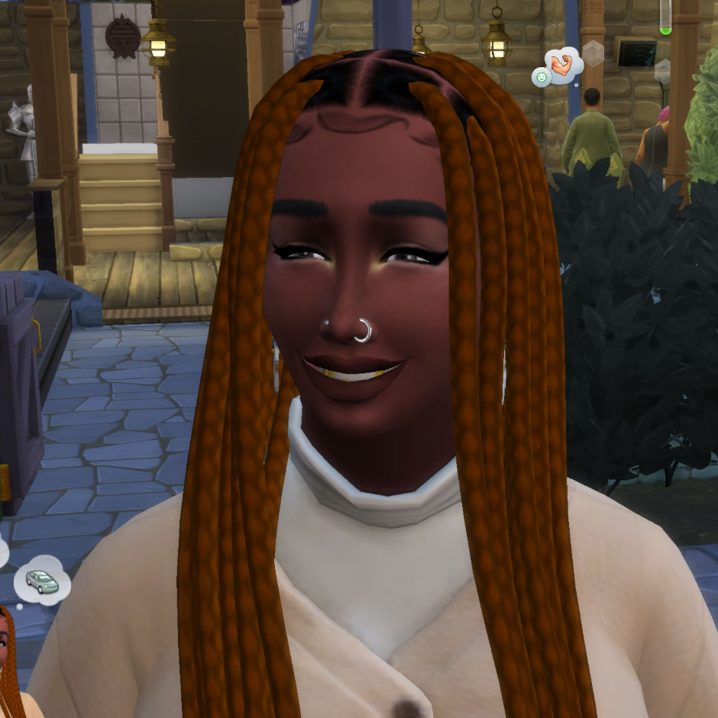 A screenshot of one of the Black “afrocentric” hairstyles in The Sims 4
