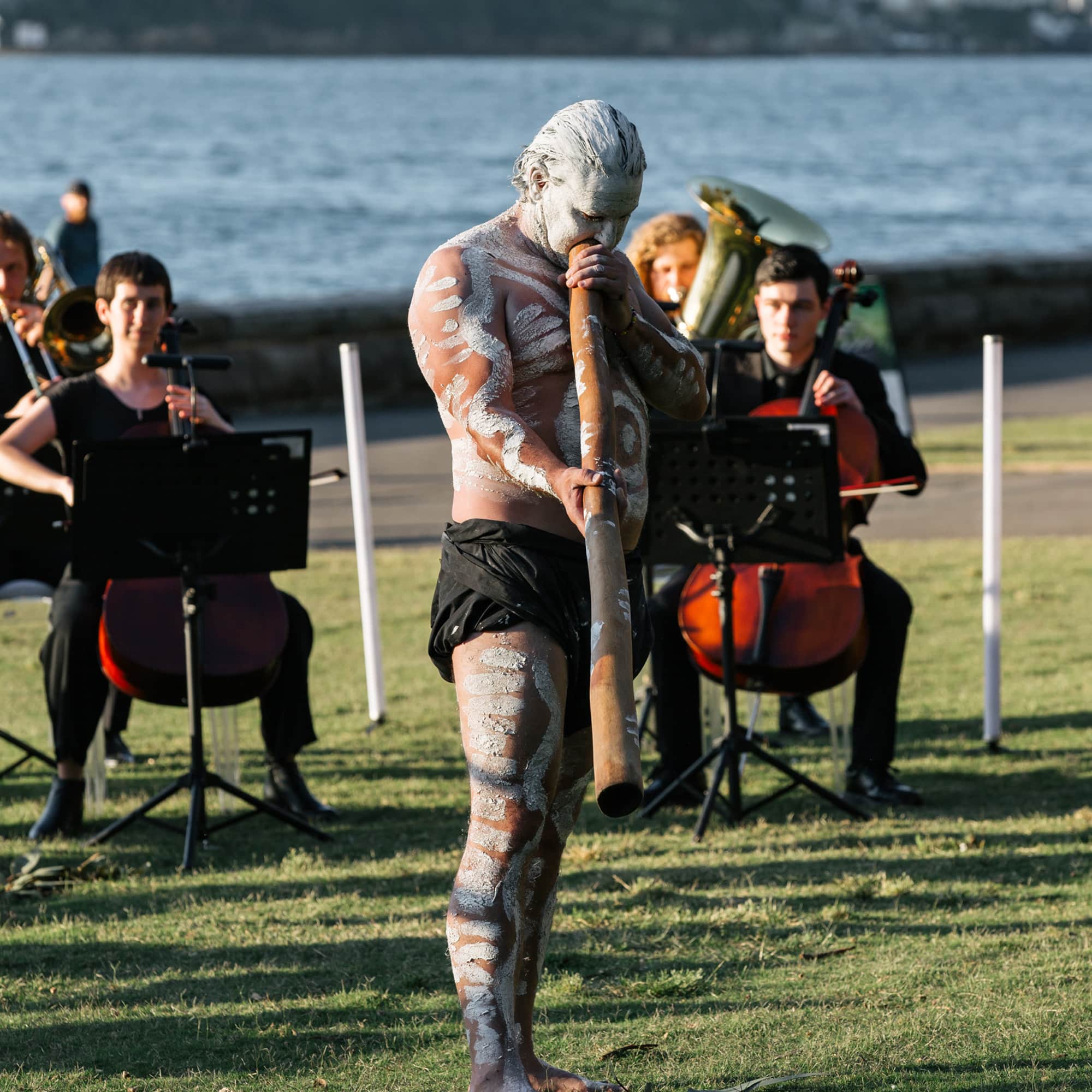 Sydney Youth Orchestra and Kamilaroi Man Paul Glass perform the Halo theme on Gadigal land.