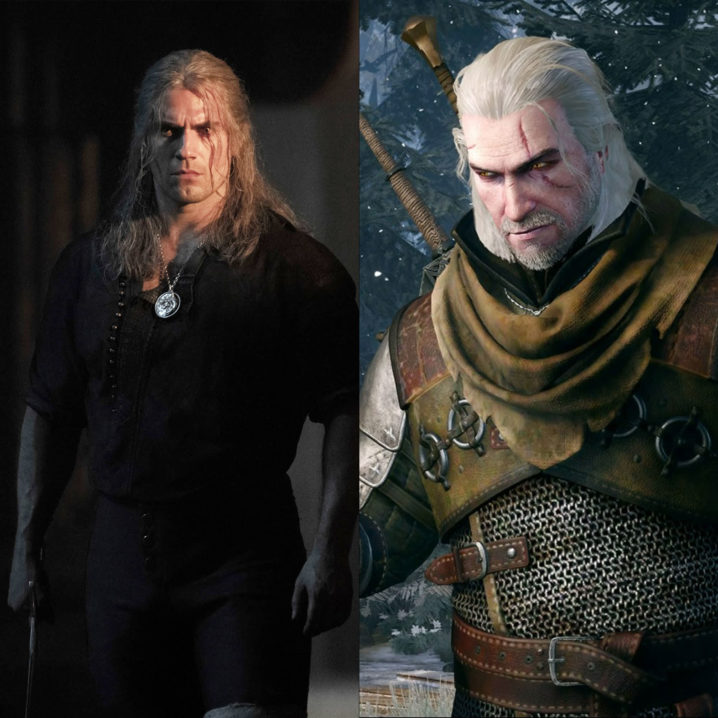 Side-by-side screenshots of Henry Cavill as Geralt from The Witcher series on Netflix and Geralt from The Witcher 3: Wild Hunt game.