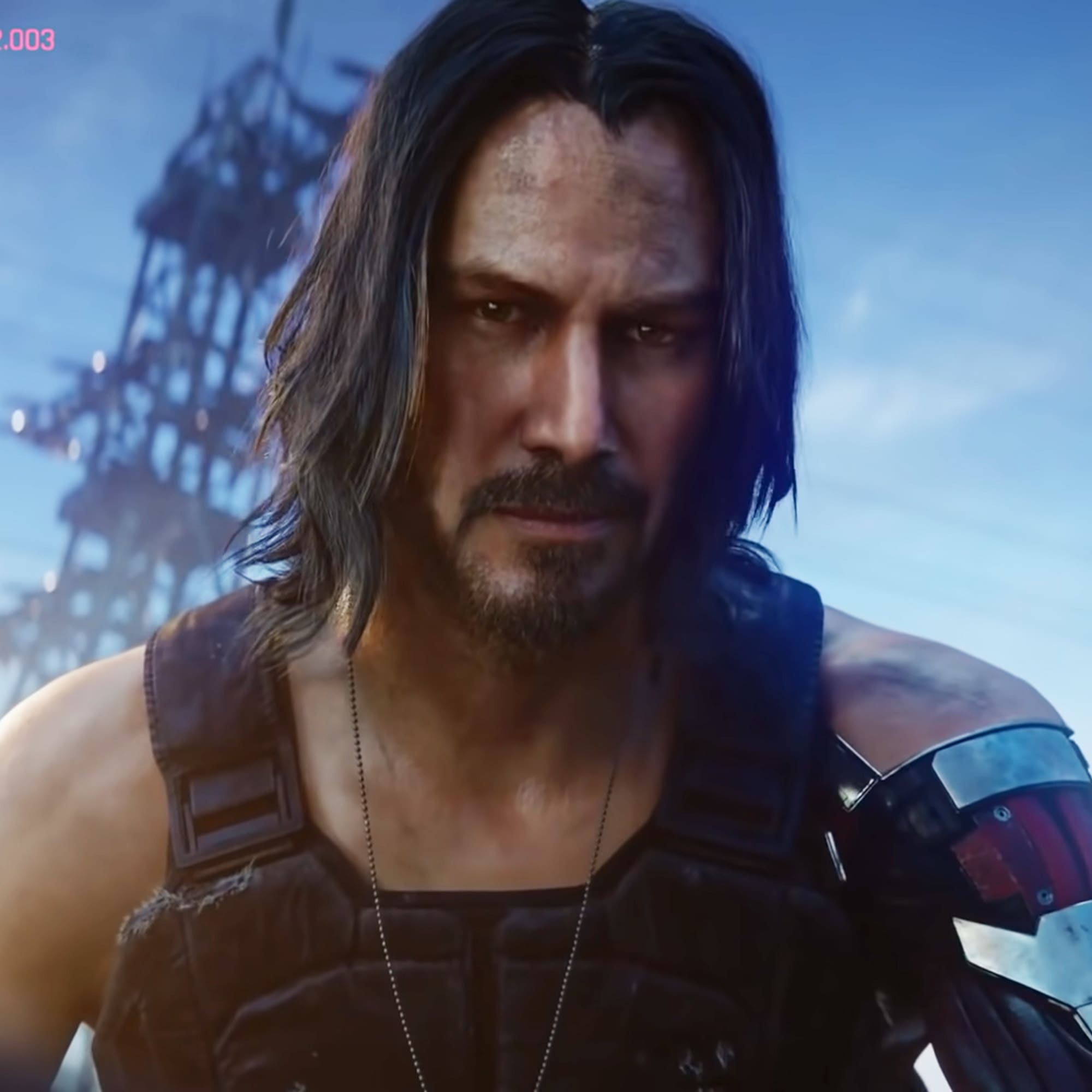 A screenshot of Keanu Reeves as Johnny Silverhand in Cyberpunk 2077.