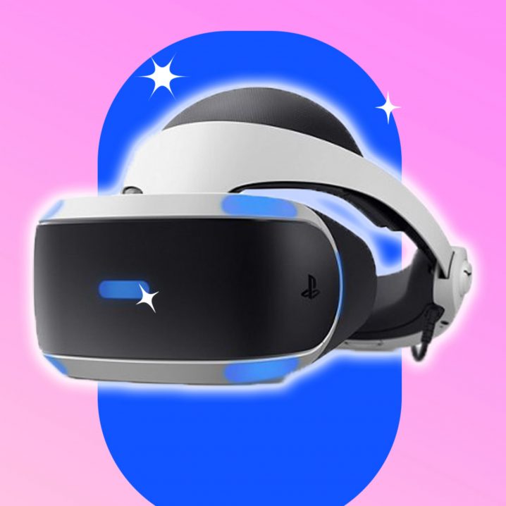 PlayStation VR headset against and blue and pink background