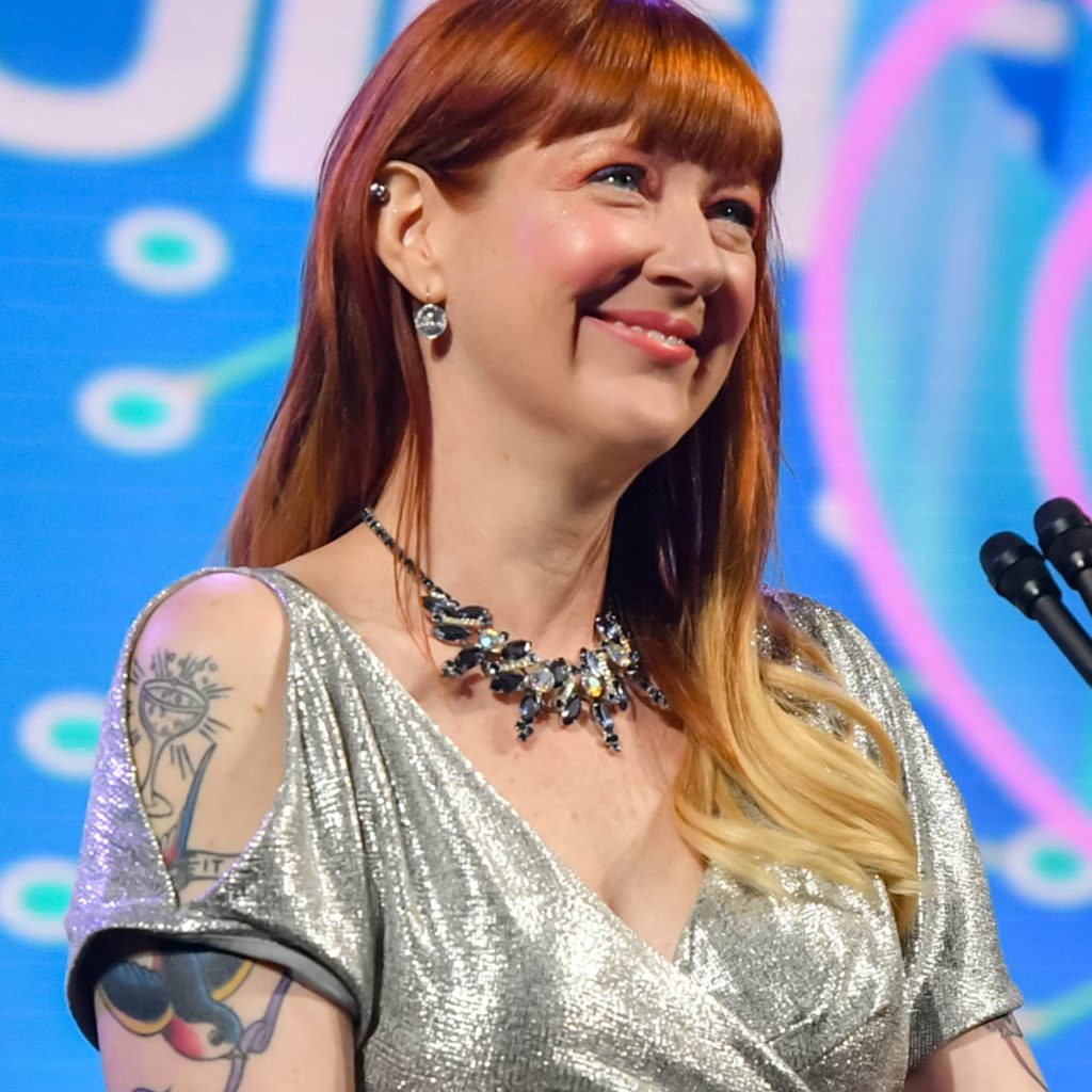 Female game designer Robin Hunicke at the 2018 GDC Awards.