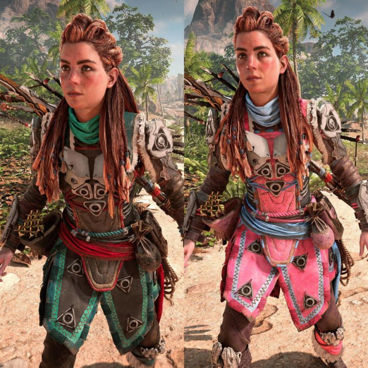 Side-by-side comparison of Aloy wearing the Nora Anointed armour in the Grey Dawn and Eventide armour dye colours.