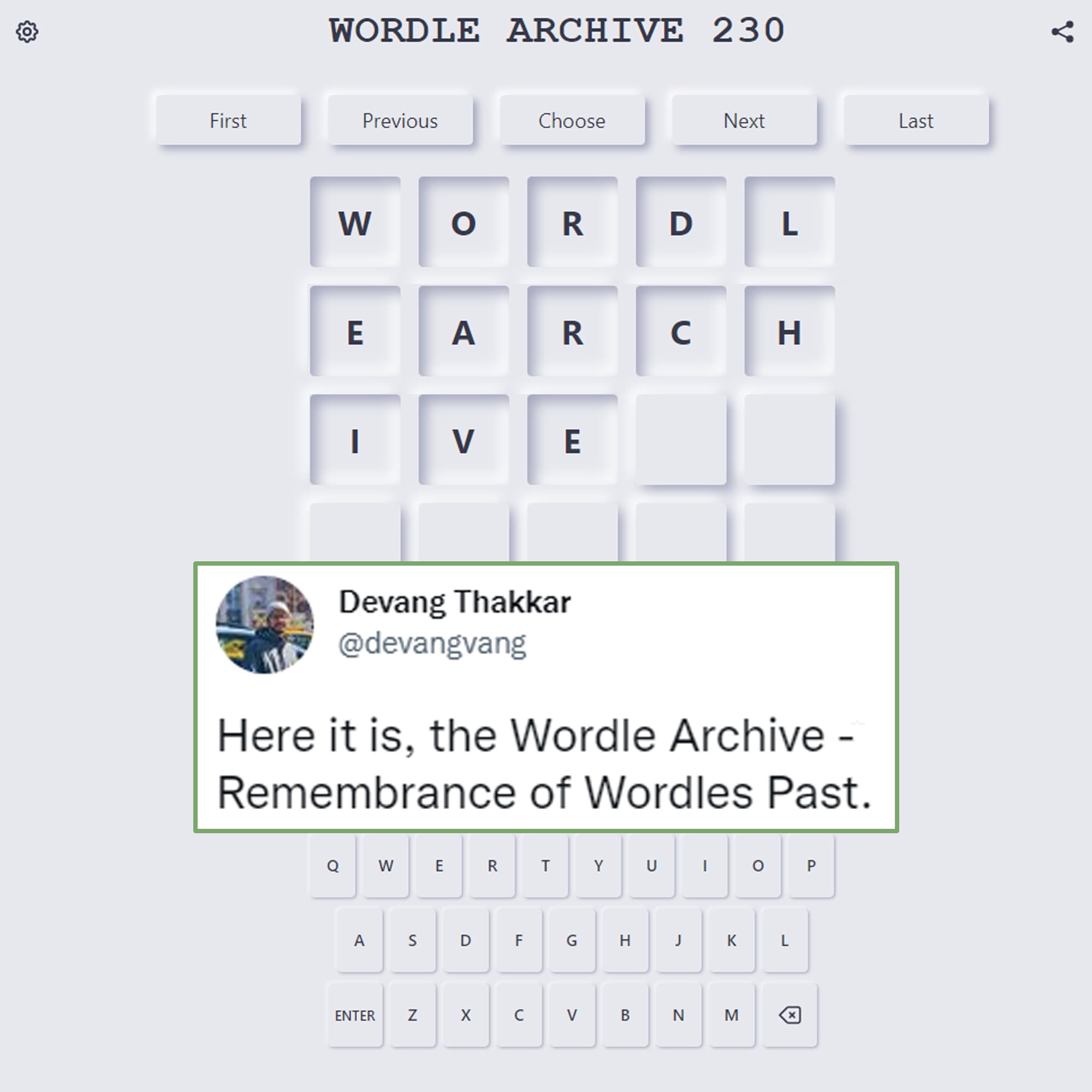 A screenshot of Wordle Archive, a free website that lets you play old Wordle puzzles.