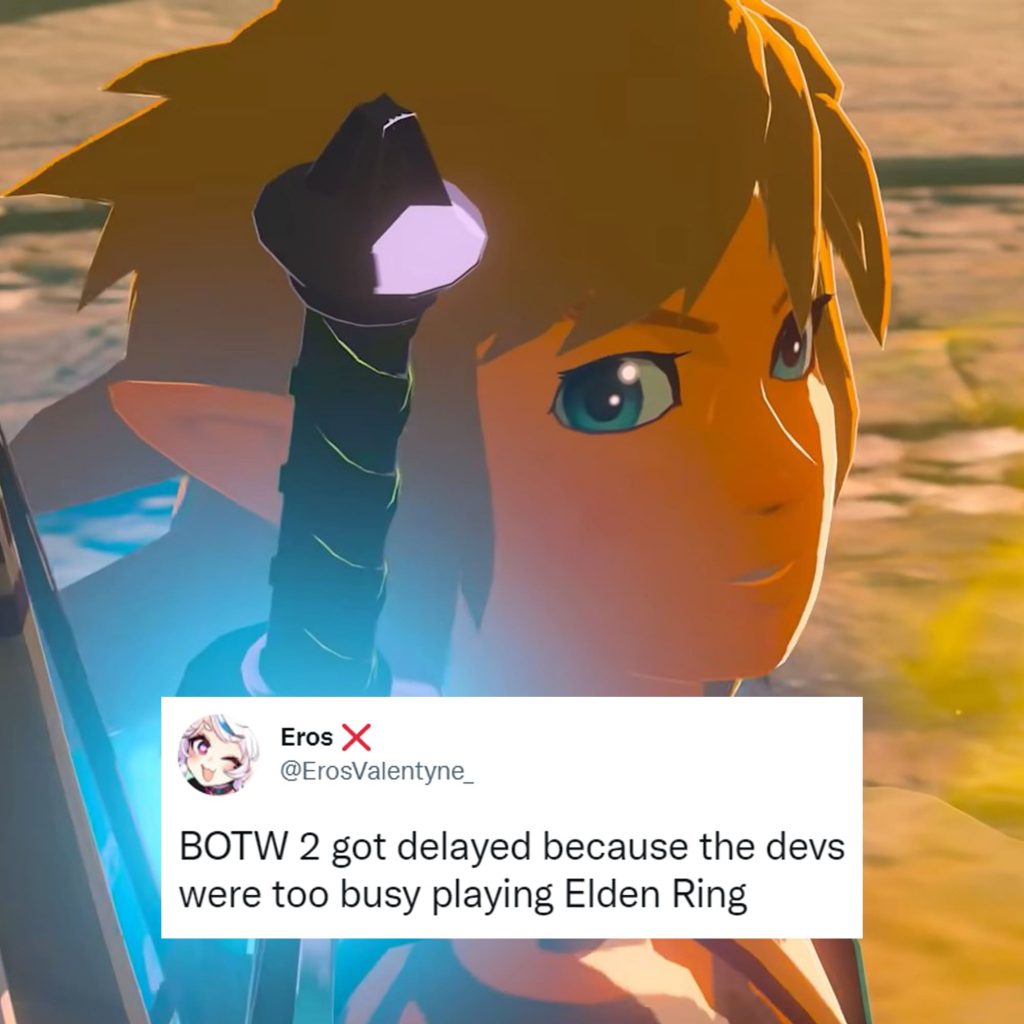 Link from the Breath of the Wild 2 delay video, with a Tweet by @ErosValentyne_ reading: "BOTW 2 got delayed because the devs were too busy playing Elden Ring"