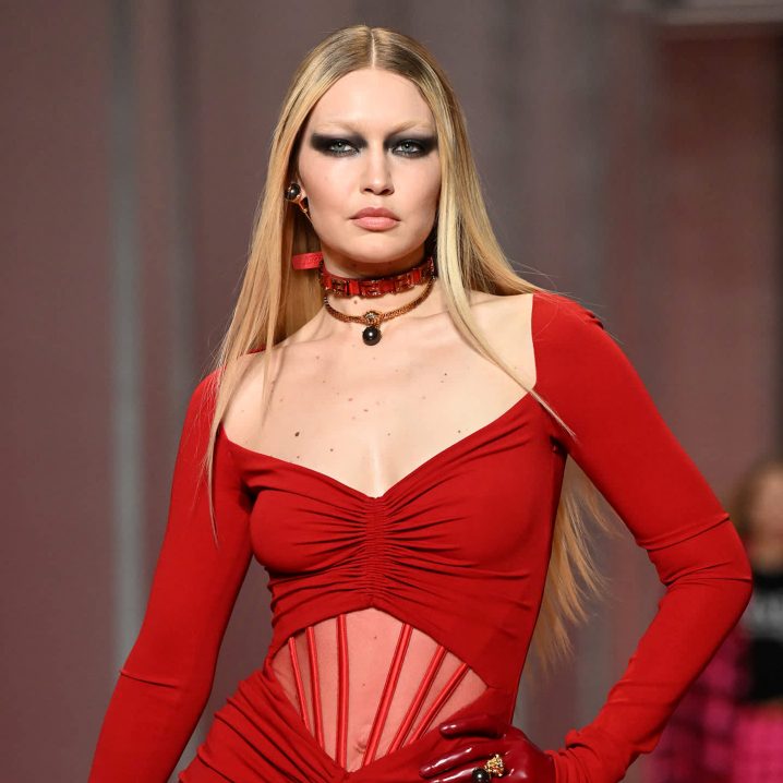 Gigi Hadid with bleached brows at Versace