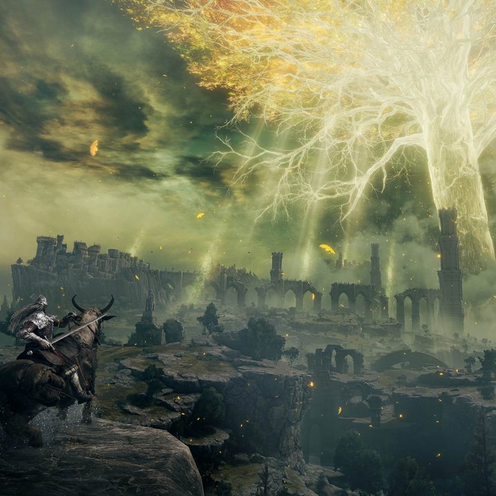 A screenshot of Elden Ring showing the player character riding Torrent and the Erdtree in the background.