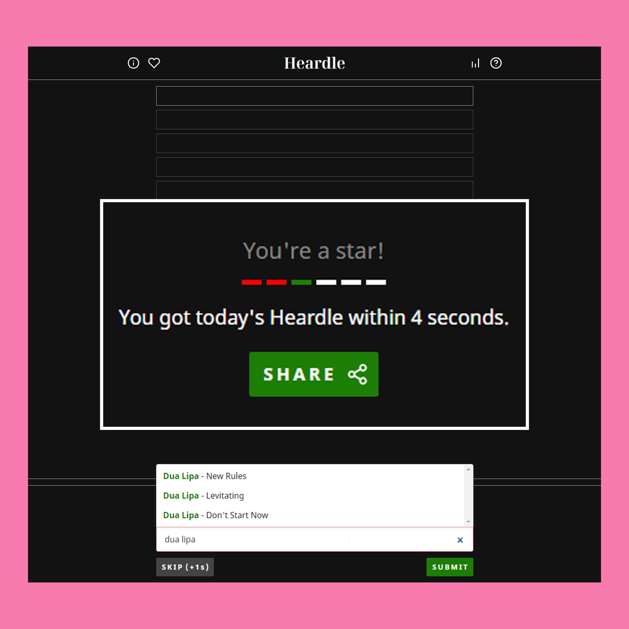 A screenshot of Heardle, the Wordle spinoff for music.