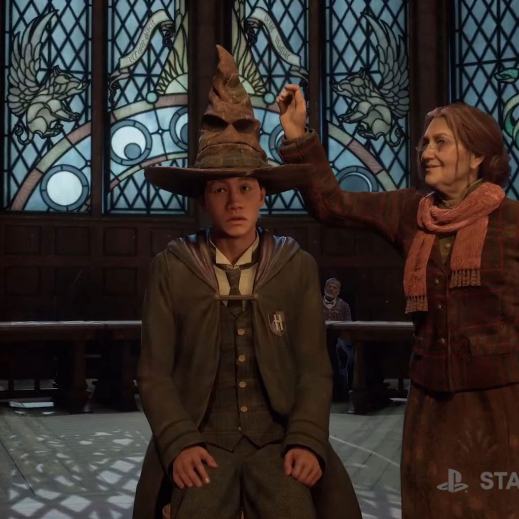 The player character wearing the Sorting Hat in Hogwarts Legacy.