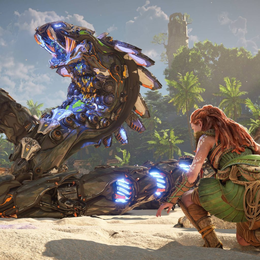 Aloy fighting a Slitherfang in Horizon Forbidden West.