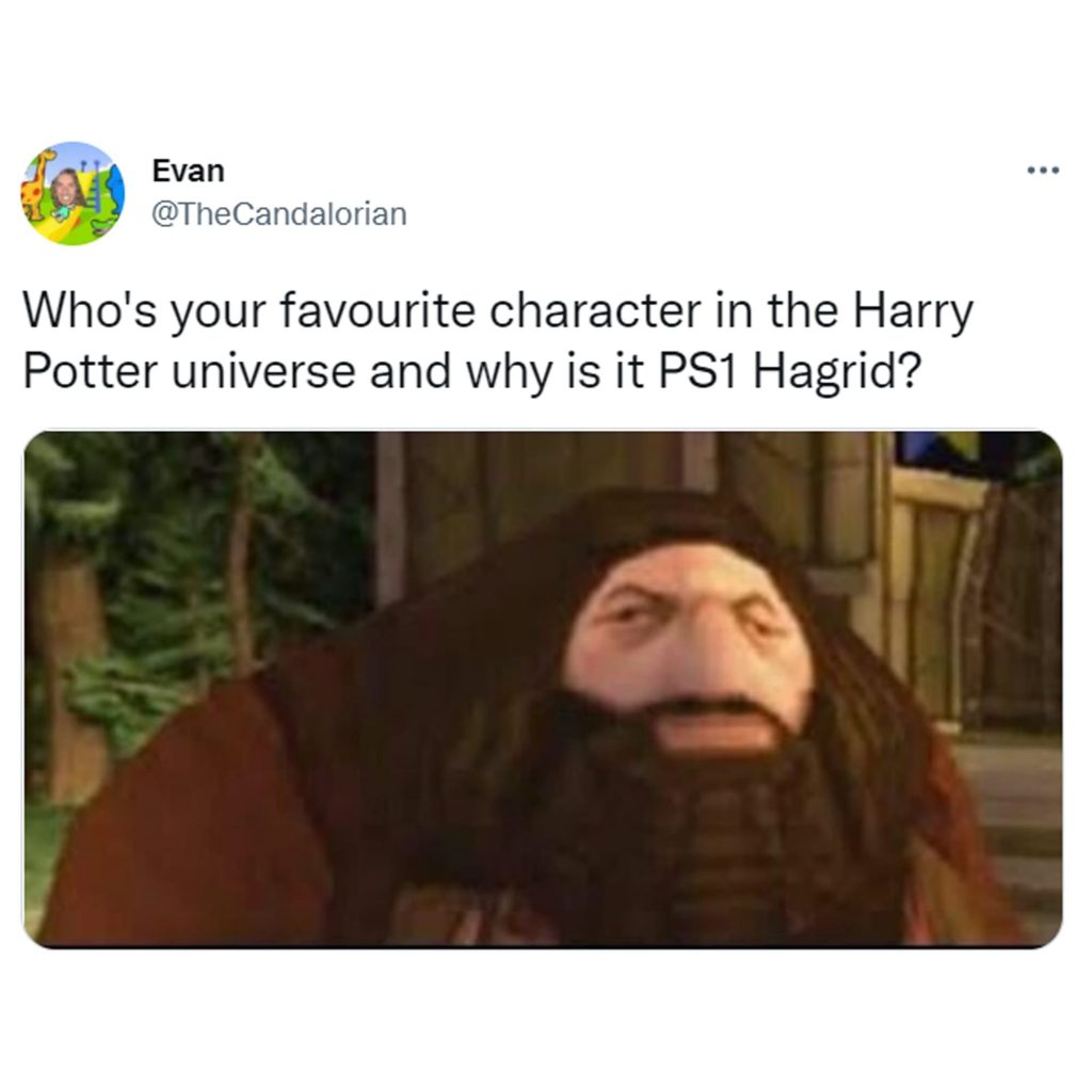 A picture of Hagrid from the Harry Potter PS1 game, with the caption "Who's your favourite character in the Harry Potter universe and why is it PS1 Hagrid?" from Twitter user @TheCandalorian.