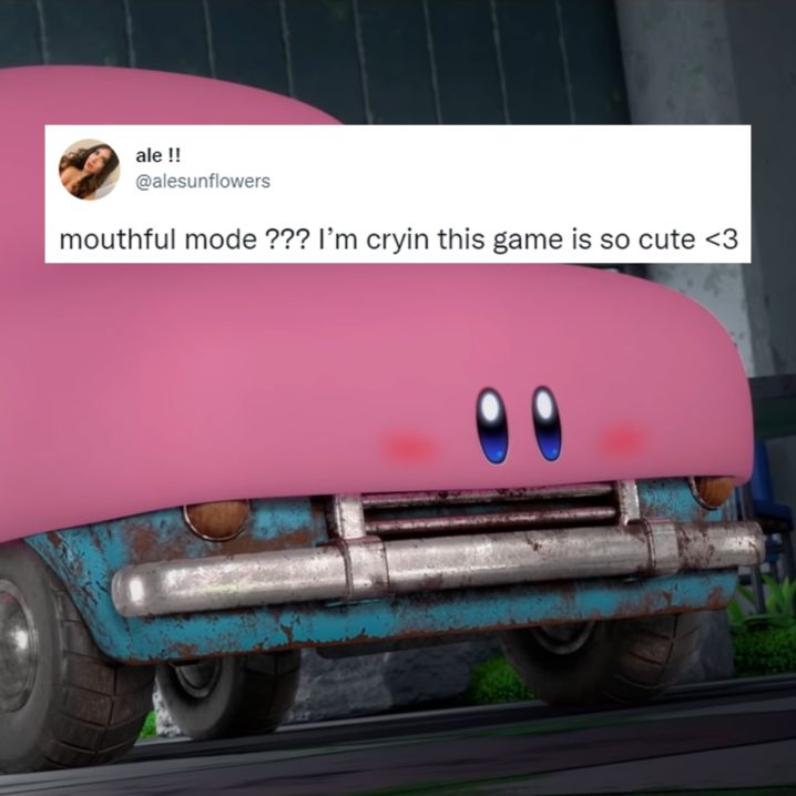 Kirby using Mouthful Mode on a car in Kirby and the Forgotten Land.