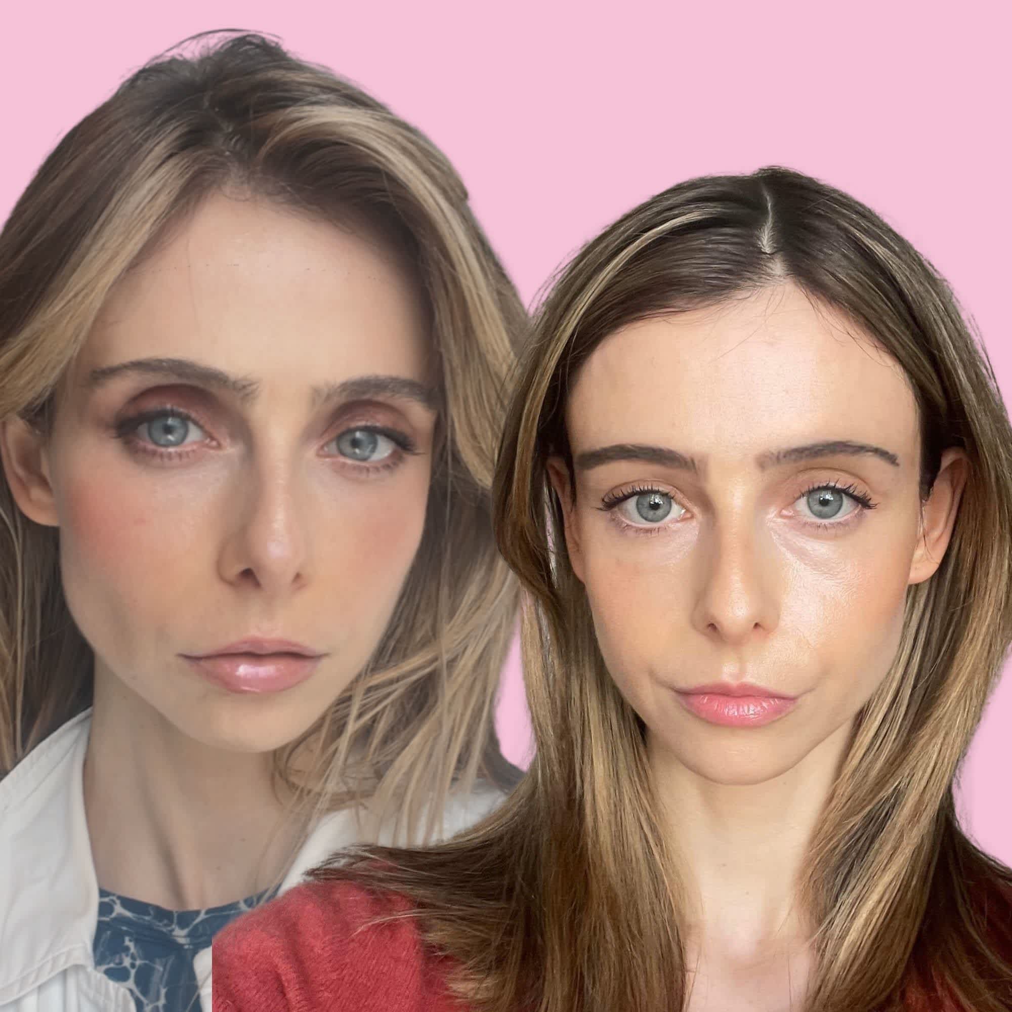 Ruby Feneley tries TikTok thin brows. On left with TikTok filter, on right without.