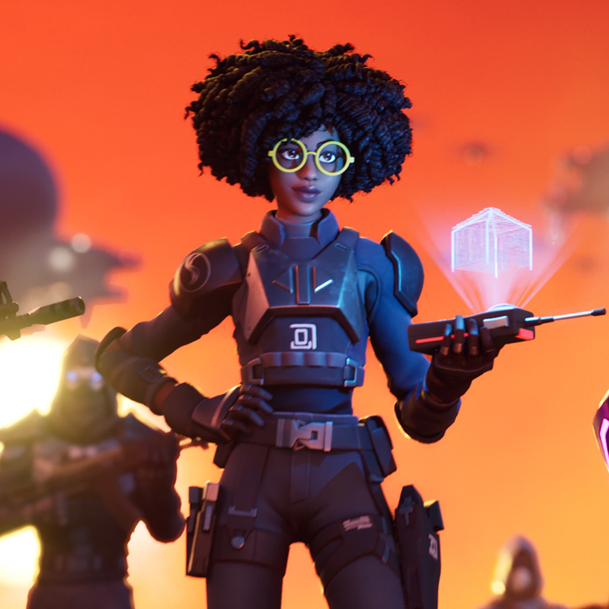 A character in Fortnite battle royale wearing armour and glasses with a glowing hand device.