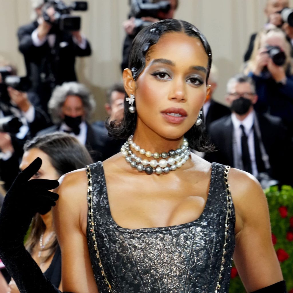 Laura Harrier wearing Chanel beauty products at the 2022 Met Gala
