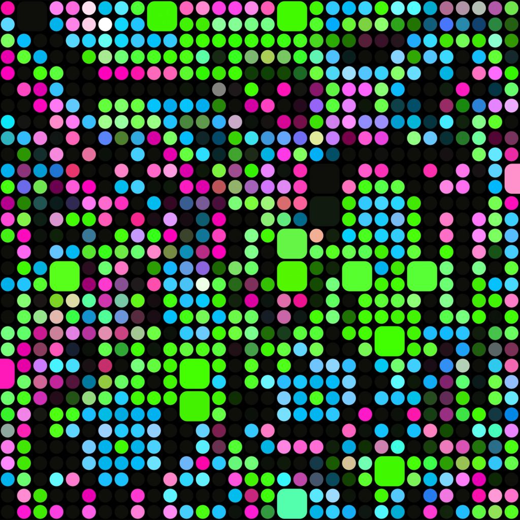Coloured dots in a grid pattern against a black background.