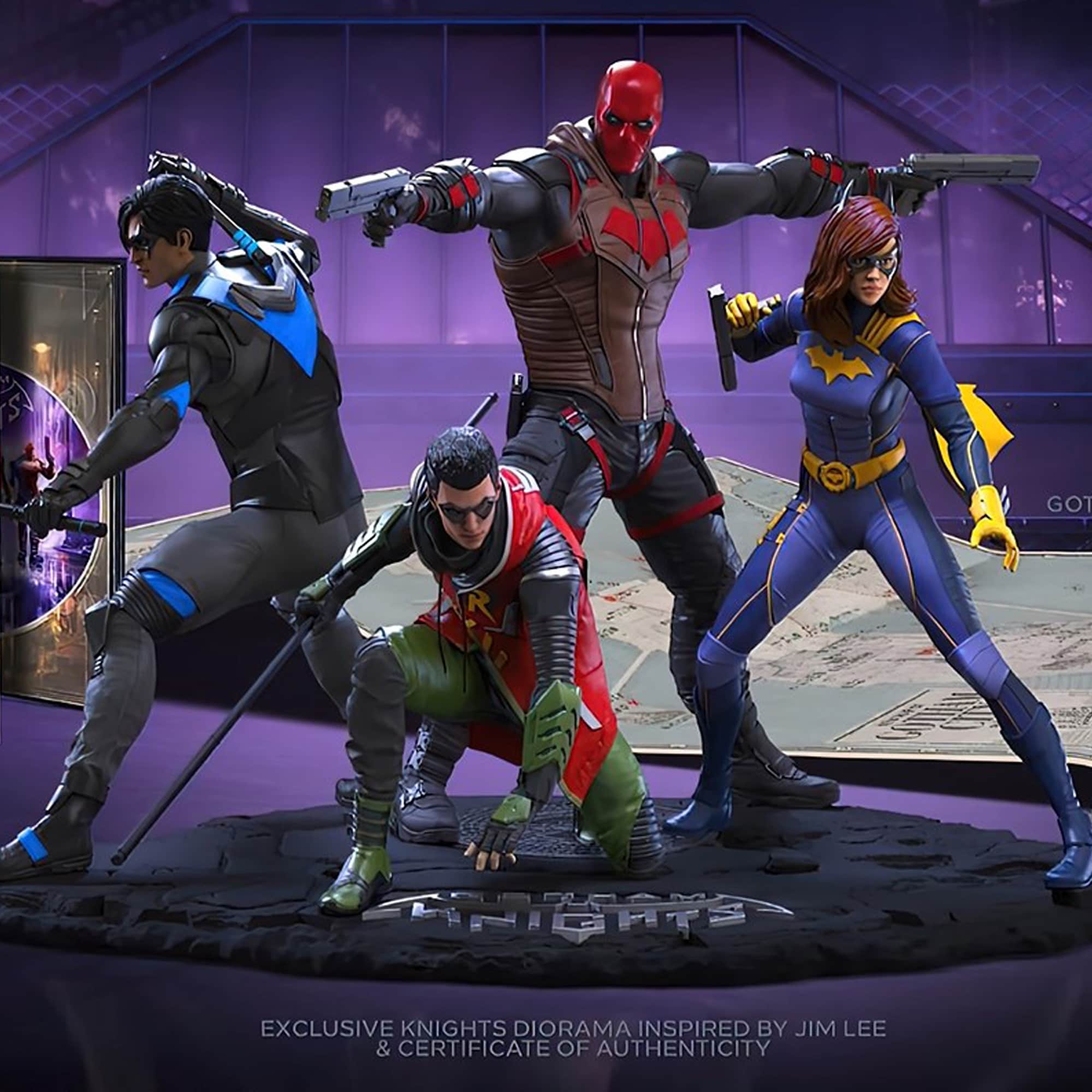 A statue of Nightwing, Robin, Red Hood and Batgirl from the Gotham Knights collector's edition.