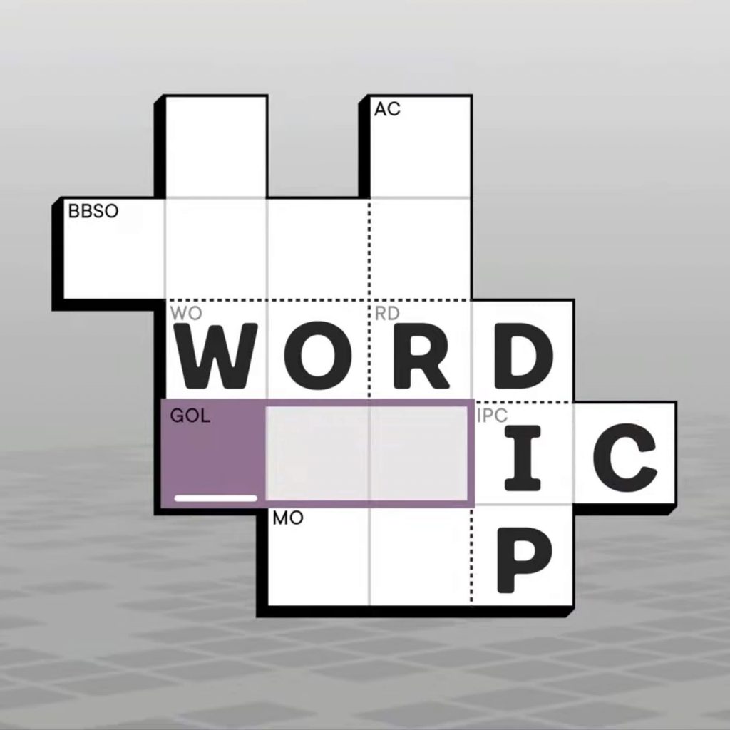 A partially-complete Knotwords puzzle reading "word" and "dip".