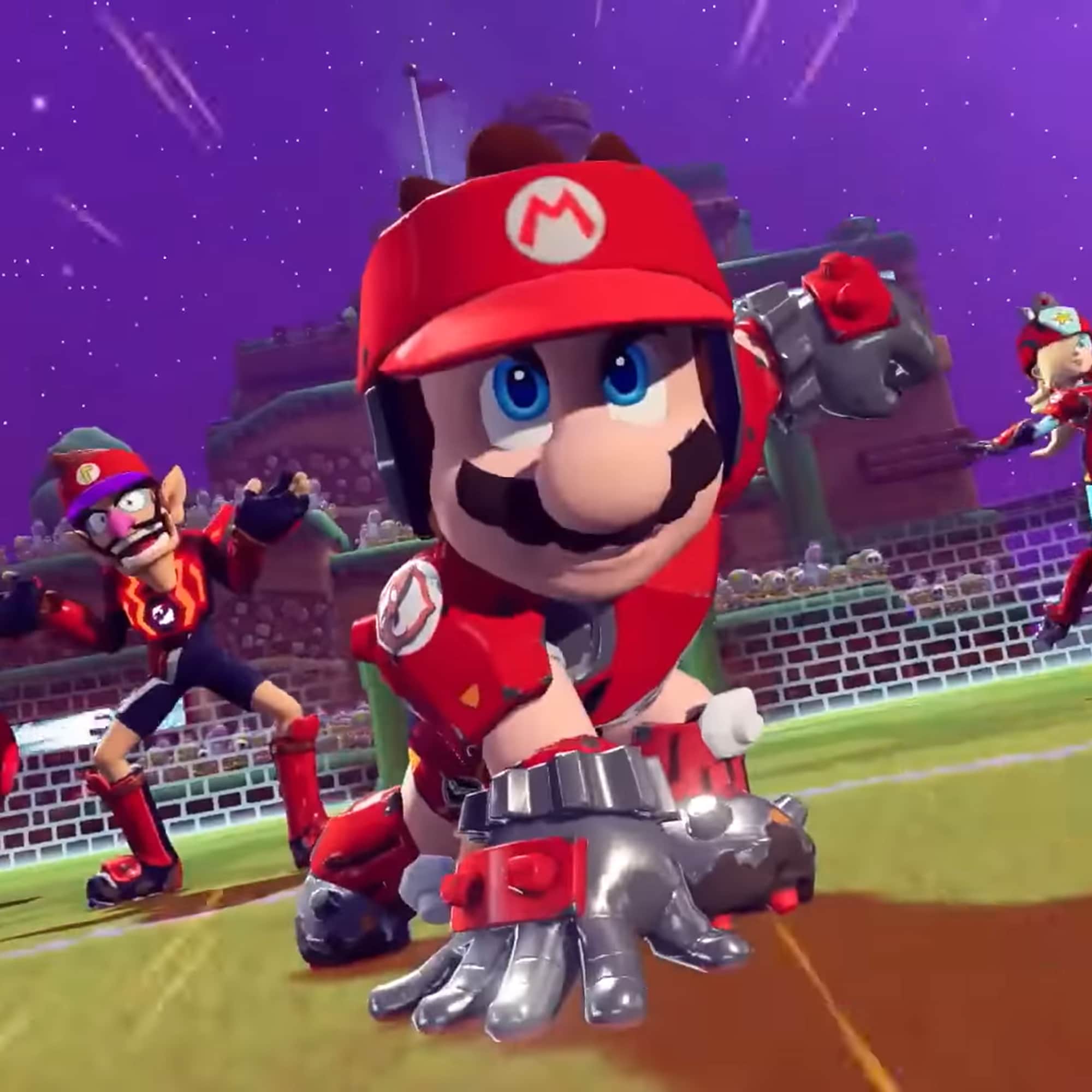 Mario in soccer gear at the start of a game in Mario Strikers: Battle League.