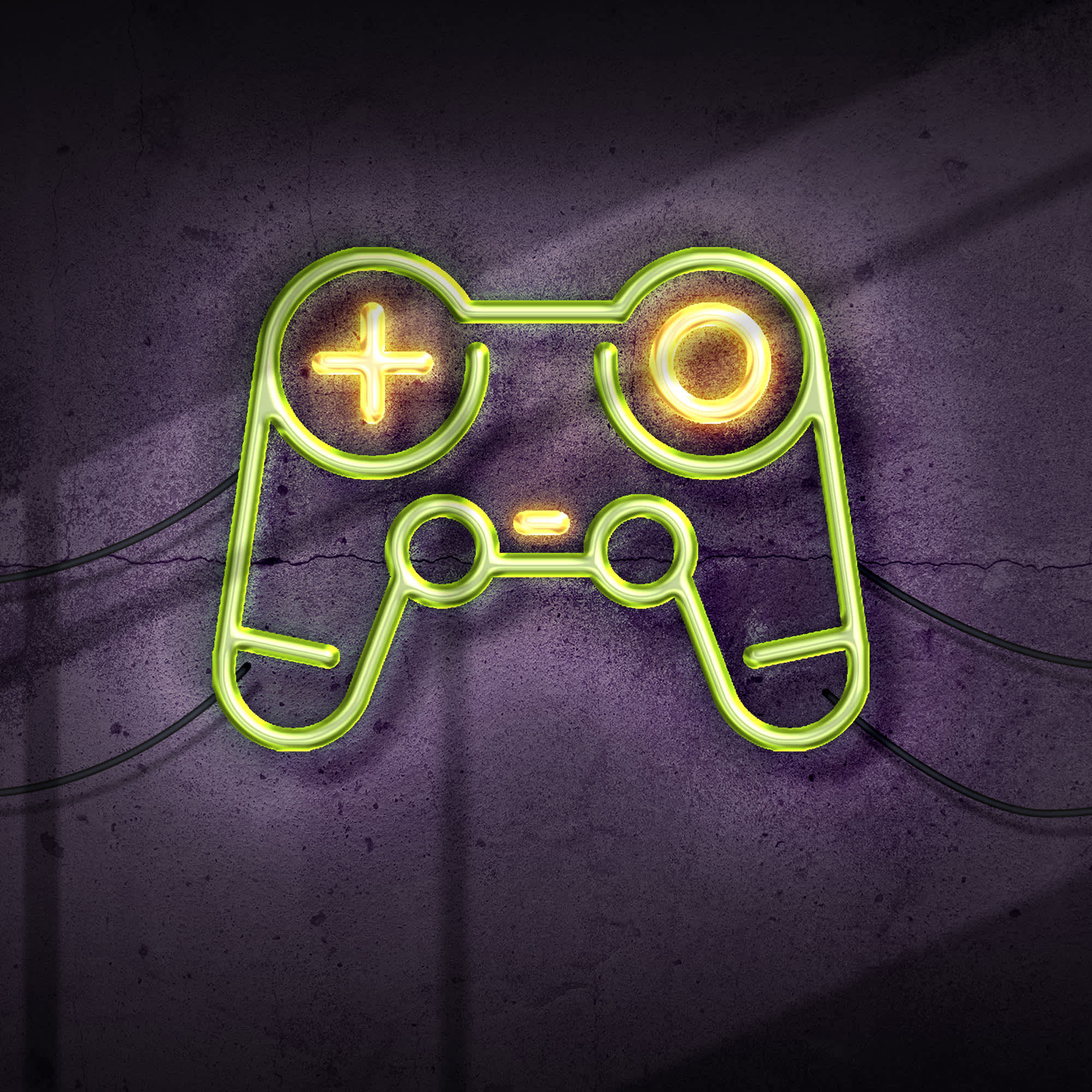 Neon green and yellow outline of a generic PlayStation or Xbox controller.