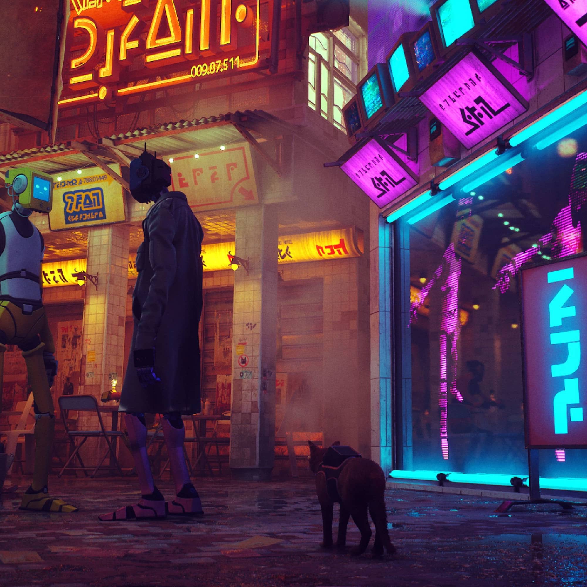 A screenshot from Stray, the PS5 cat game, showing a cat wearing a backpack and walking down a street behind two robots.