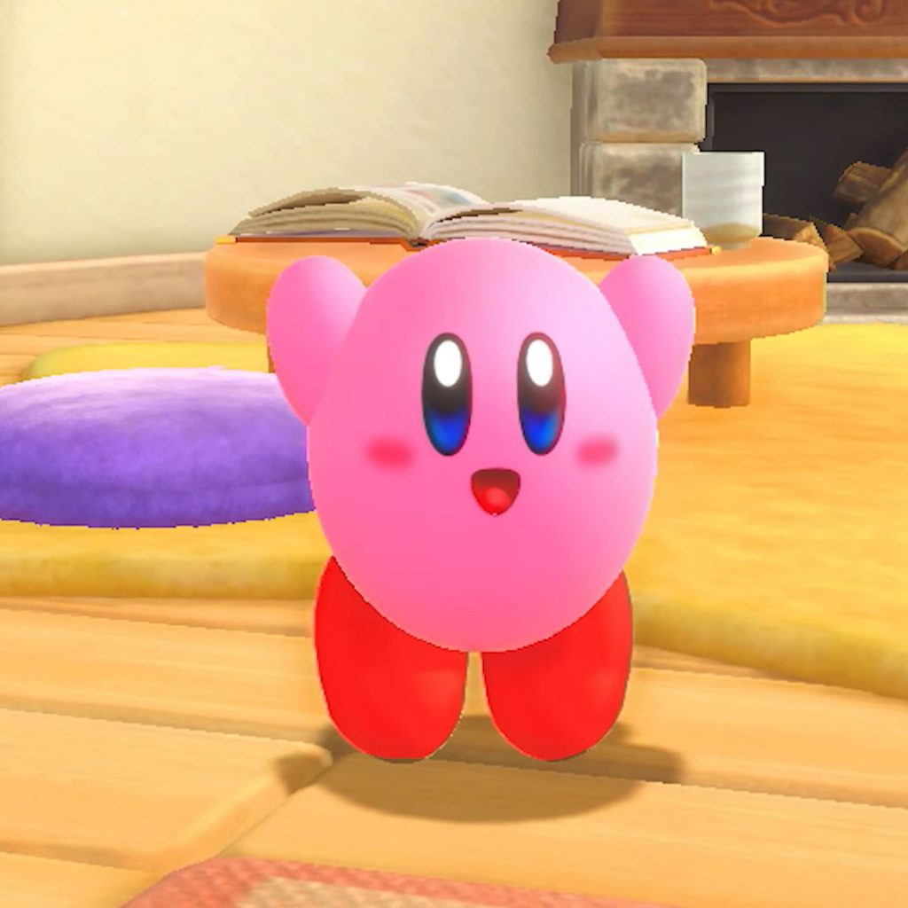 Kirby jumping for joy in Kirby and the Forgotten Land.