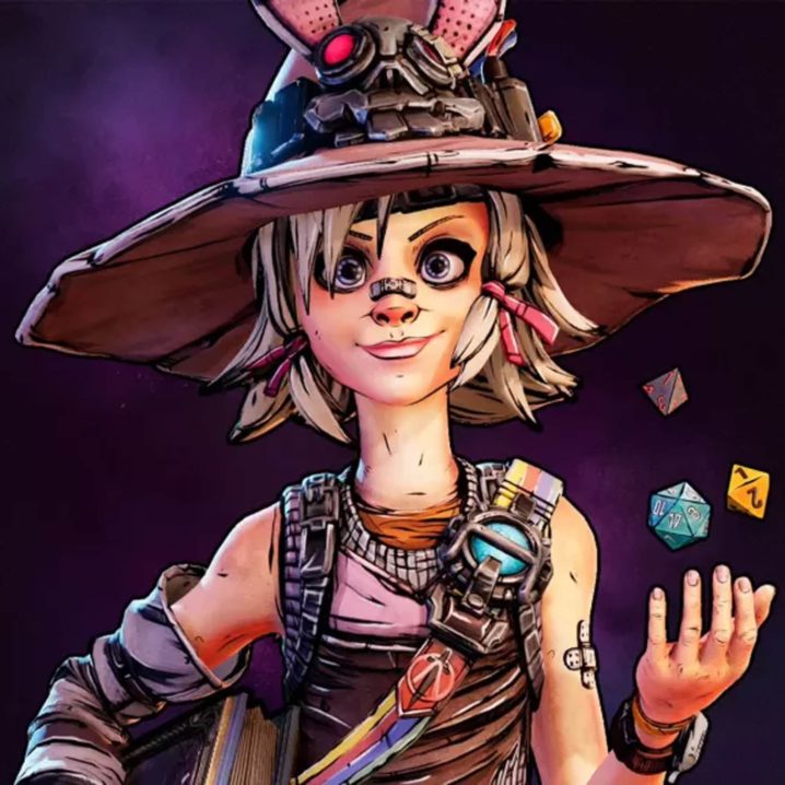 Tiny Tina with a D20 and other dice from Tiny Tina's Wonderlands.