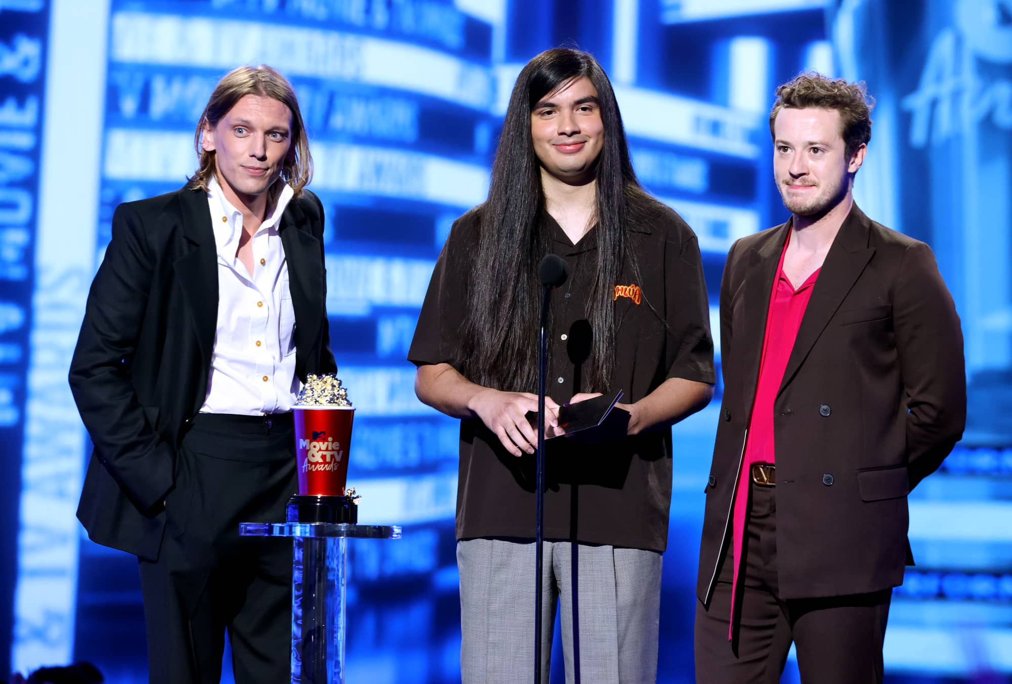 Joseph Quinn, Jamie Campbell Bower and Eduardo Franco present at the MTV Awards