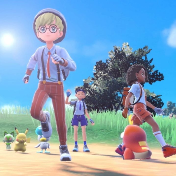 Four players gathered together in the Pokémon Scarlet and Violet multiplayer mode.
