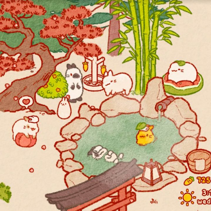A screenshot from the game Usagi Shima showing cute bunnies relaxing around a spa and on soft beds.