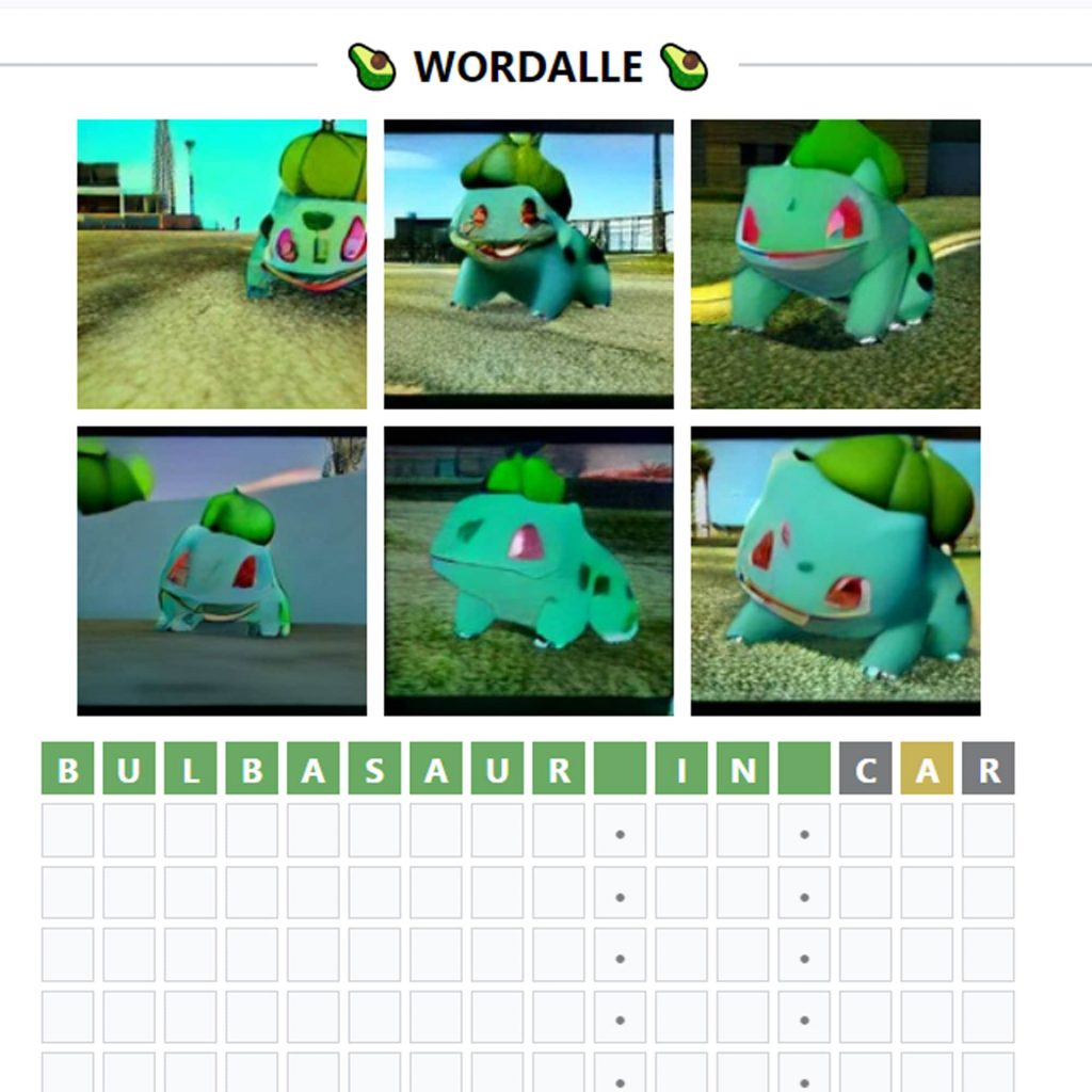 Incorrect answer of "Bulbasaur in car" from the game Wordalle.