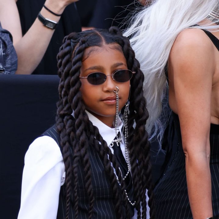 North West wears nose ring with chain at Paris Fashion Week 2022