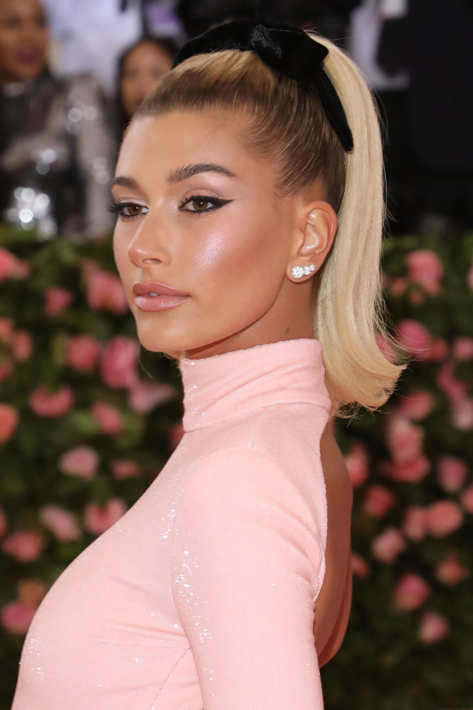 Hailey Bieber with a Barbie-inspired ponytail