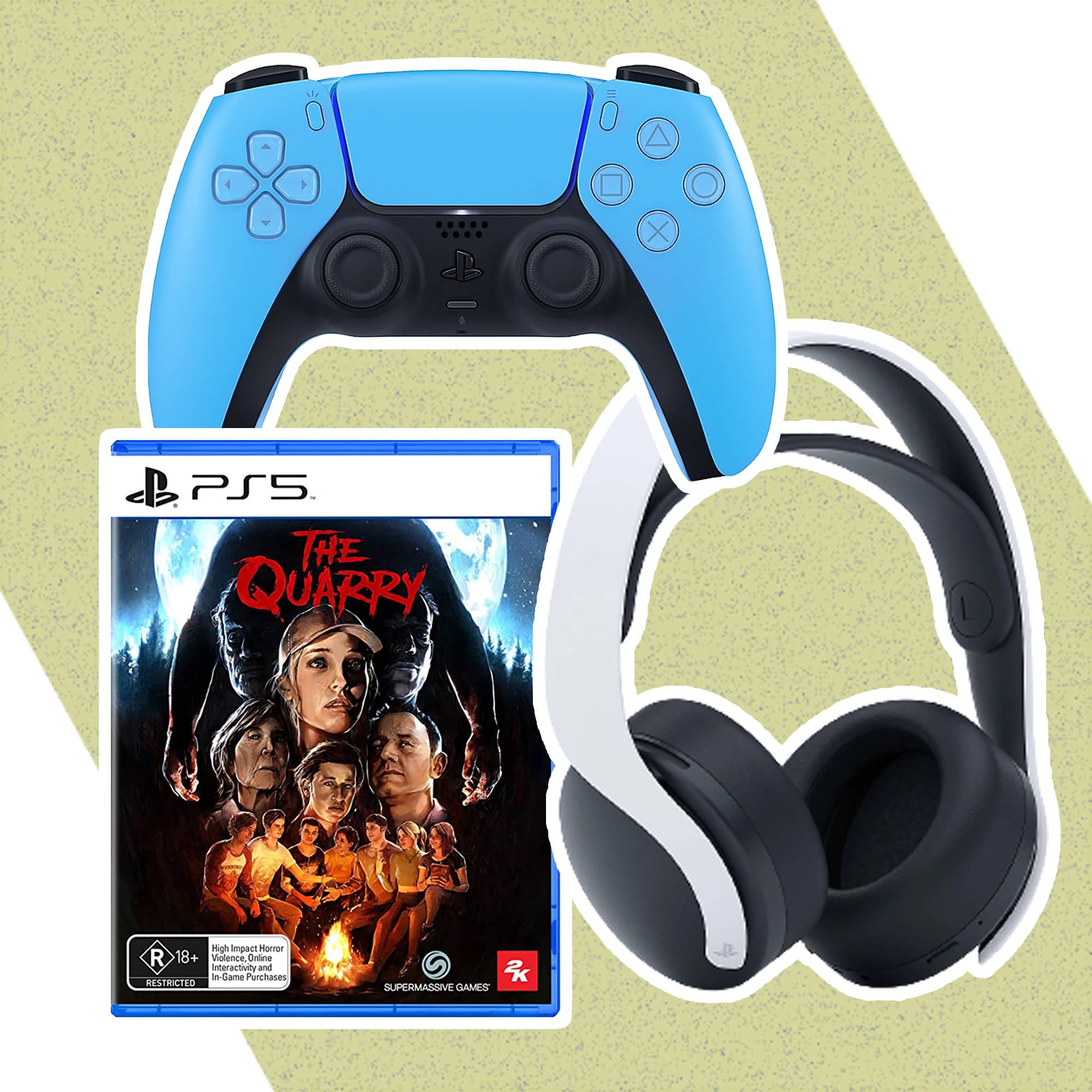 Starlight Blue PS5 DualSense Wireless Controller, Pulse 3D Wireless headset and The Quarry on PS5.