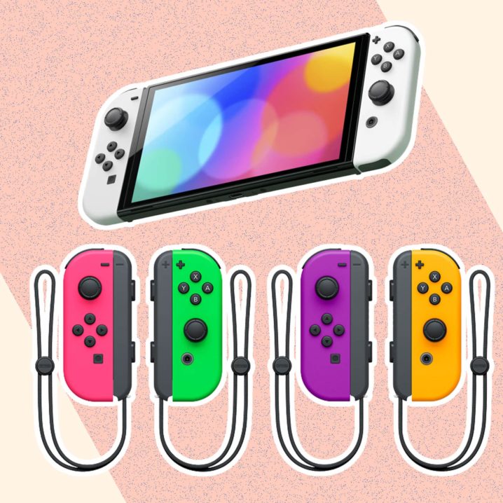 Nintendo Switch OLED above the Neon Pink/Neon Green and Neon Purple/Neon Orange Joy-Con controllers.