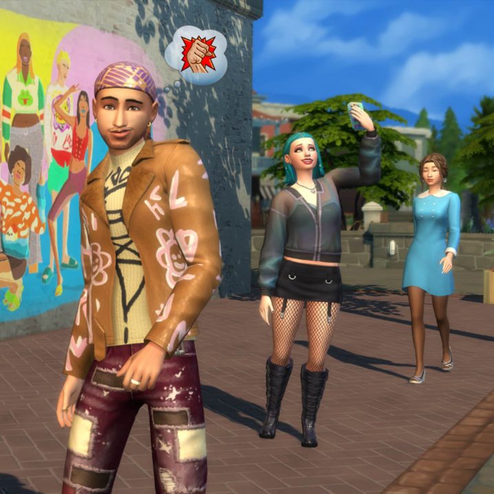 Sims modelling second-hand outfits from the High School Years expansion pack's partnership with Depop.