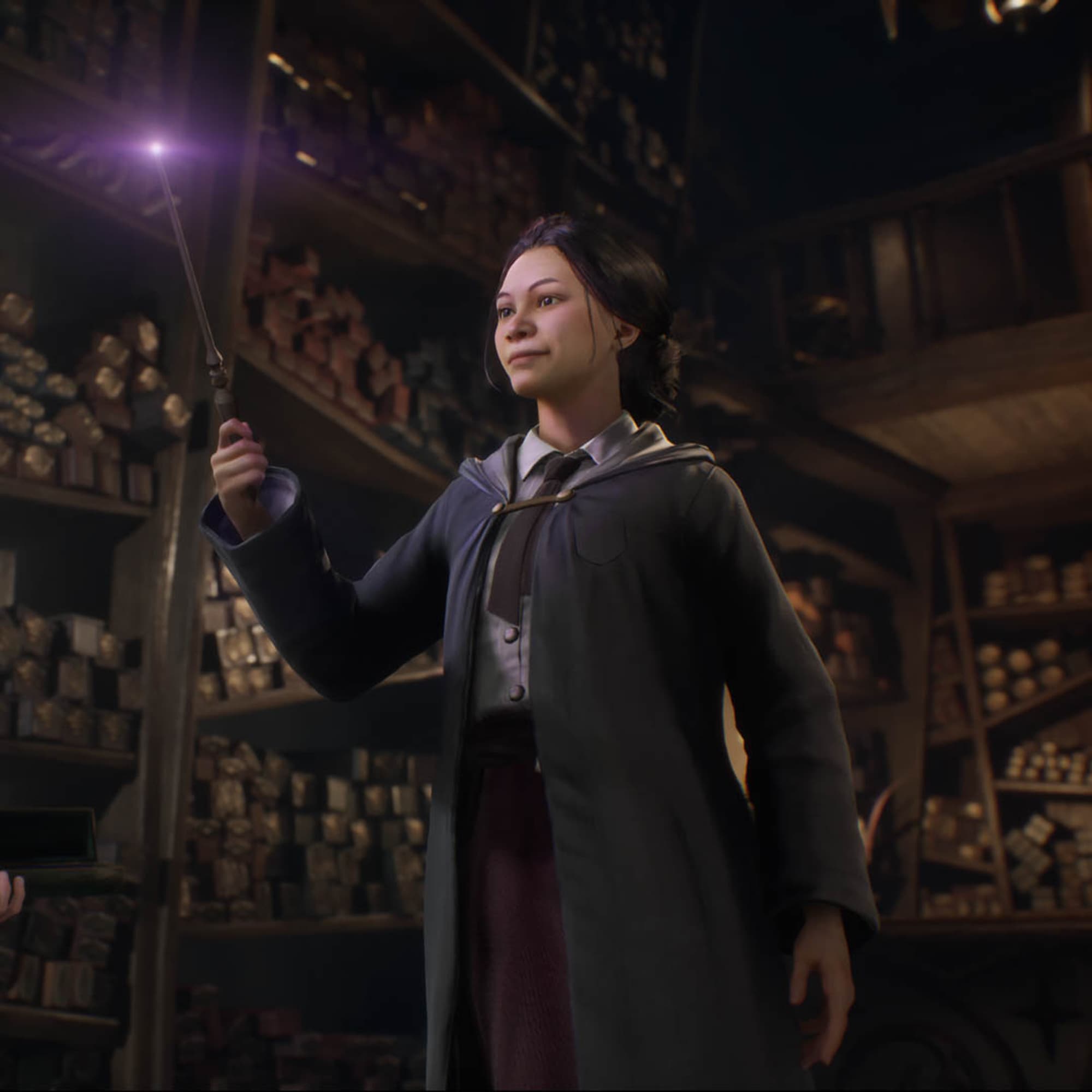 A witch choosing a wand in Hogwarts Legacy.