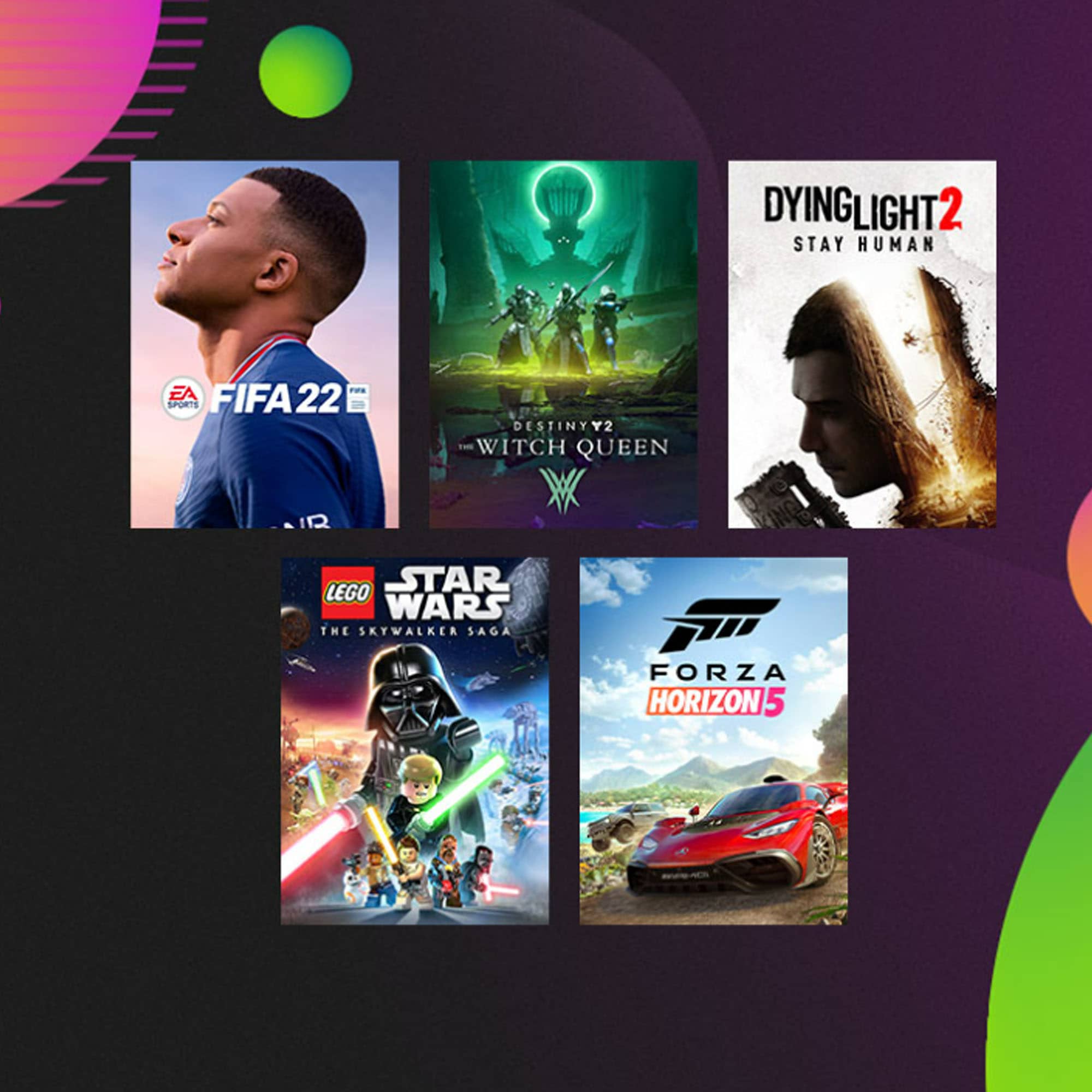 Cover art for FIFA 22, Destiny 2: The Witch Queen, Dying Light 2 Stay Human, LEGO Star Wars: The Skywalker Saga and Forza Horizon 5 from the Xbox Ultimate Game Sale.