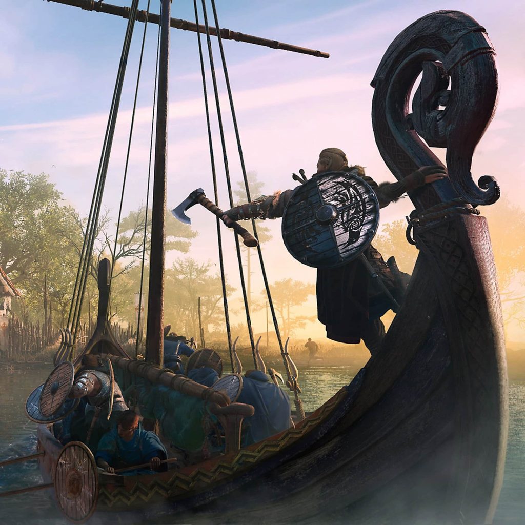 Eivor in their longship ordering a raid in Assassin's Creed Valhalla.