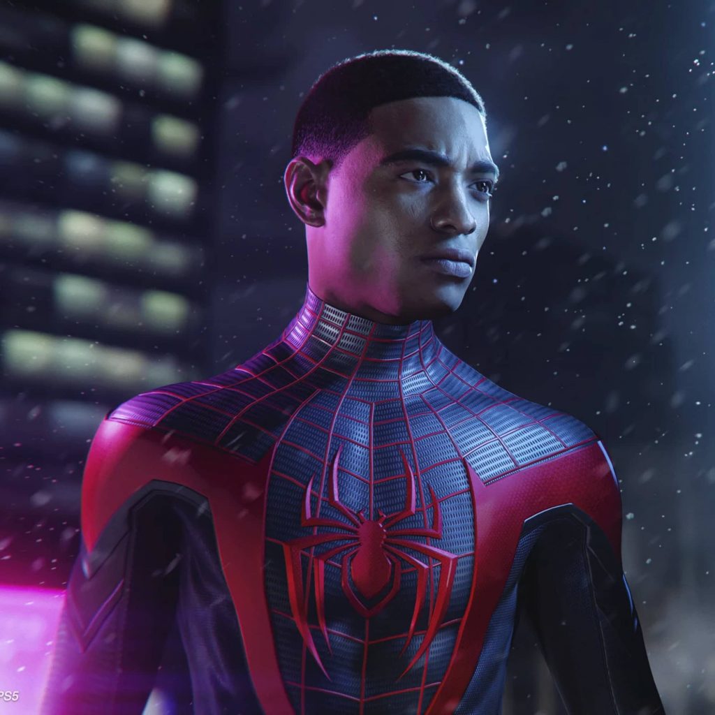Miles wearing a suit and no mask in Marvel's Spider-Man: Miles Morales.
