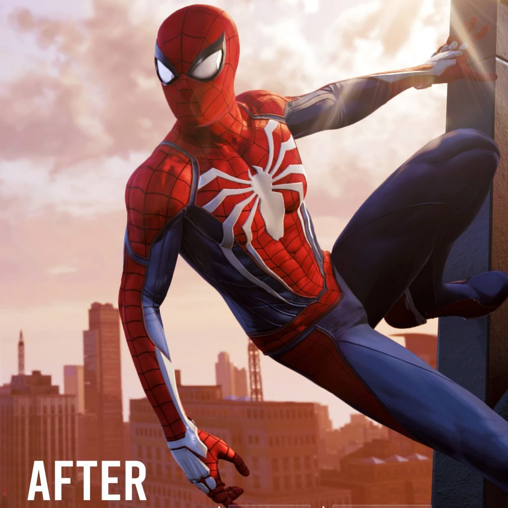 An 'After' comparison shot from the Correct Suit Colours mod for Spider-Man Remastered on PC.