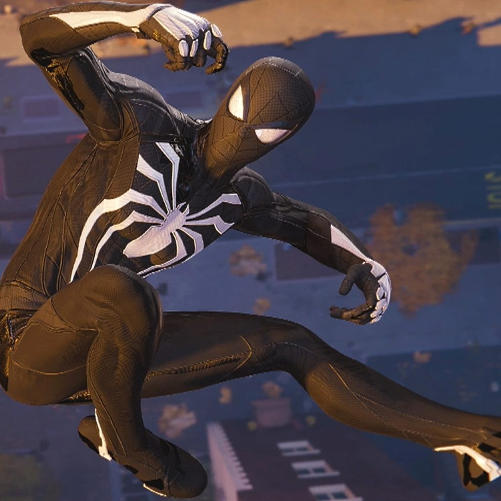 Screenshot of the Symbiote Black Suit mod from Spider-Man Remastered on PC.