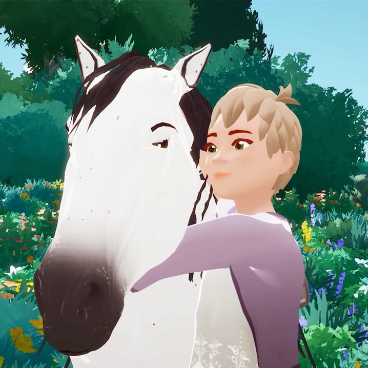 A girl hugging a white and black horse in Horse Tales: Emerald Valley Ranch.
