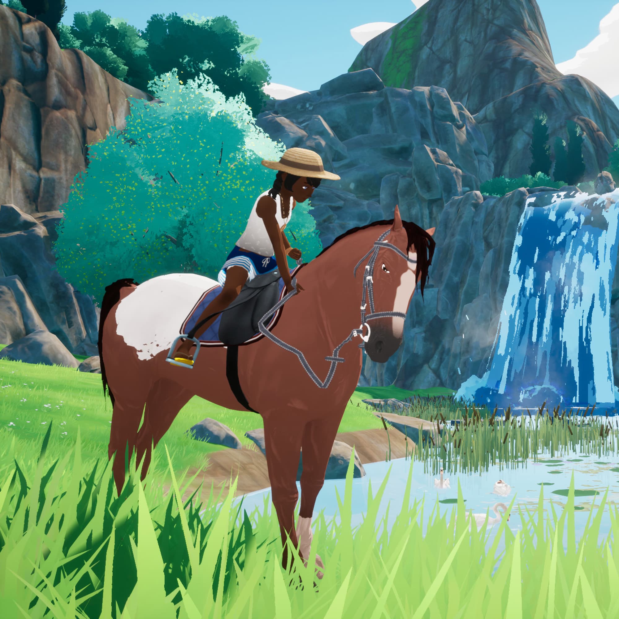 A girl riding a brown horse in Horse Tales: Emerald Valley Ranch.