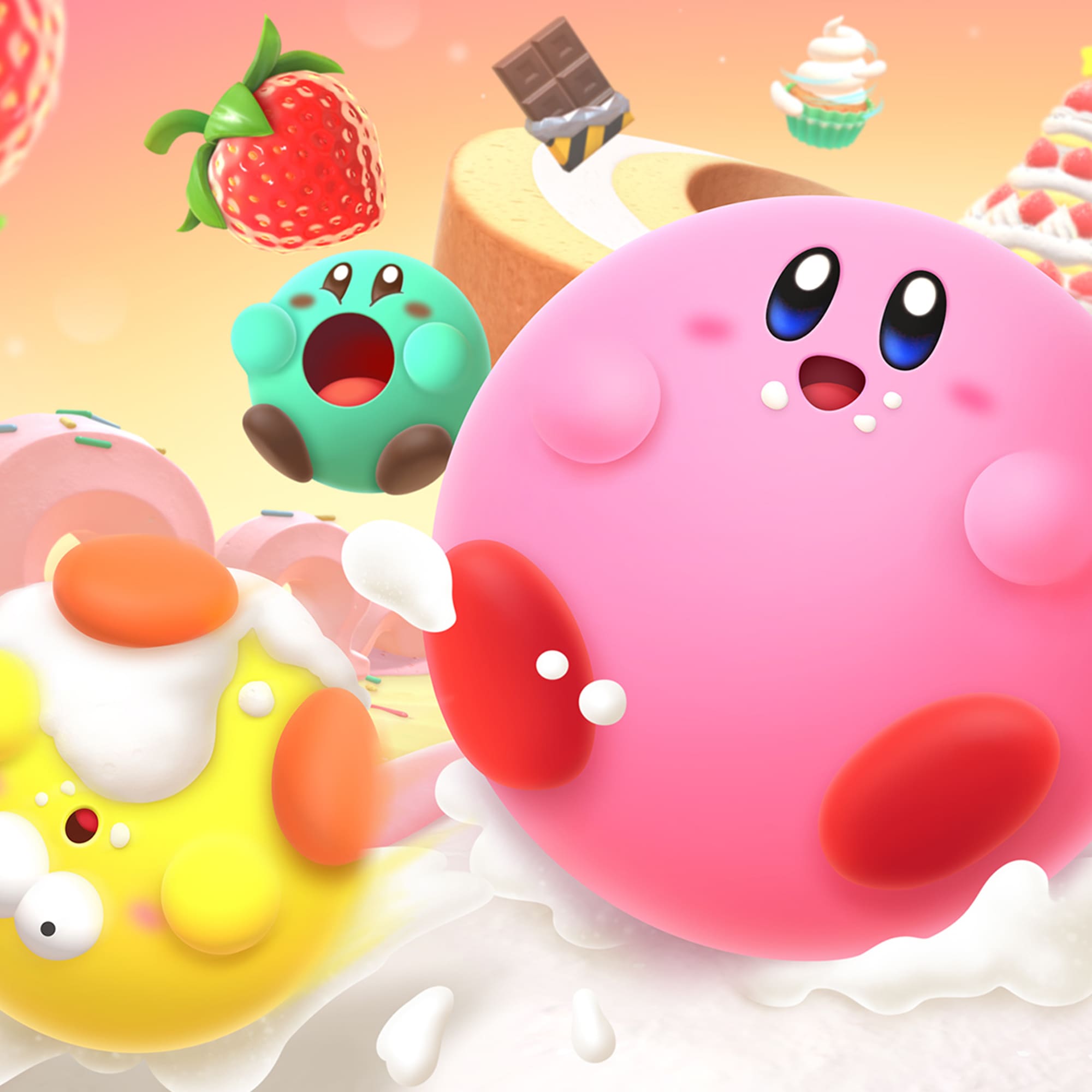 A yellow, green and giant pink Kirby racing on a track made of food in Kirby's Dream Buffet.