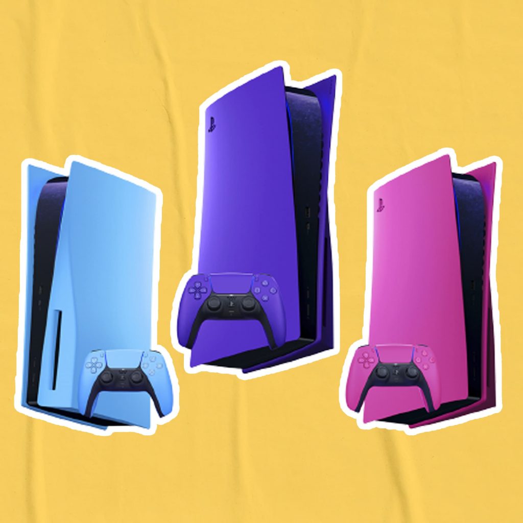 A row of PS5 consoles in Starlight Blue, Galactic Purple and Nova Pink.