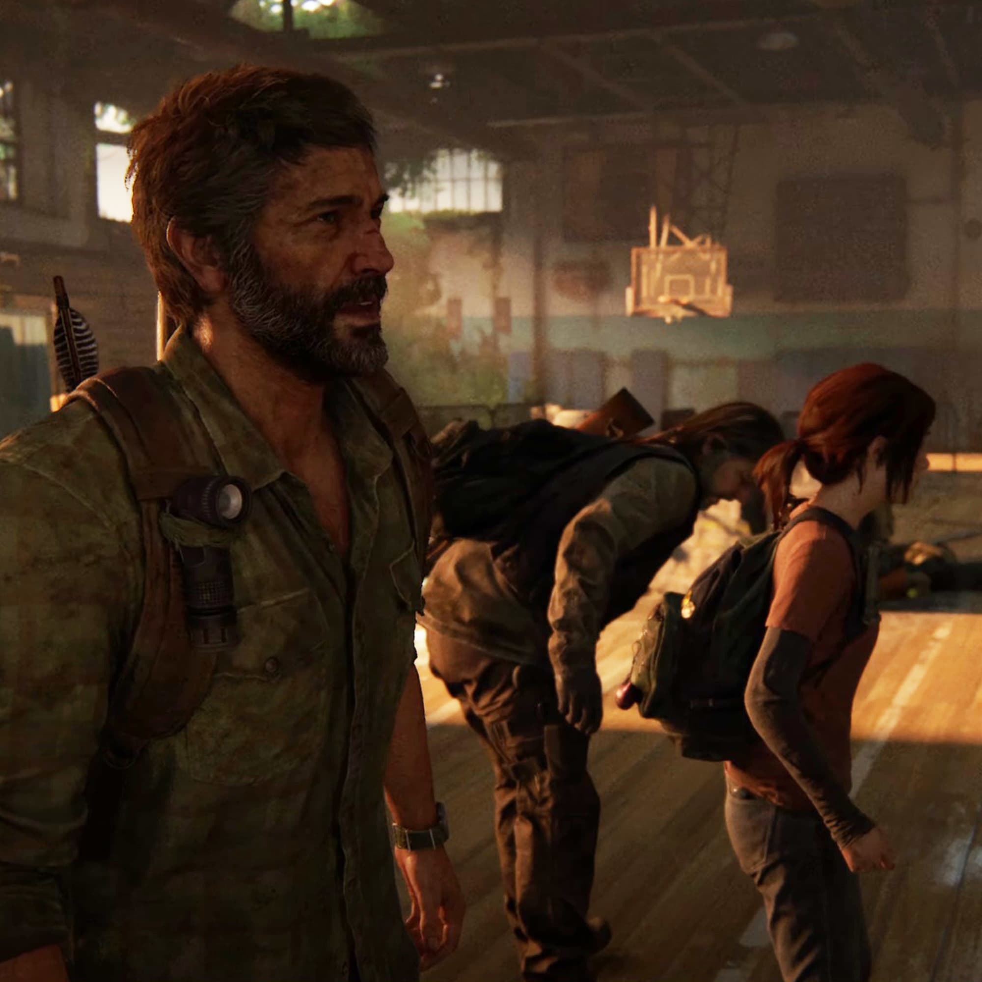 Joel, Bill and Ellie in the school in The Last of Us Part 1 gameplay video.