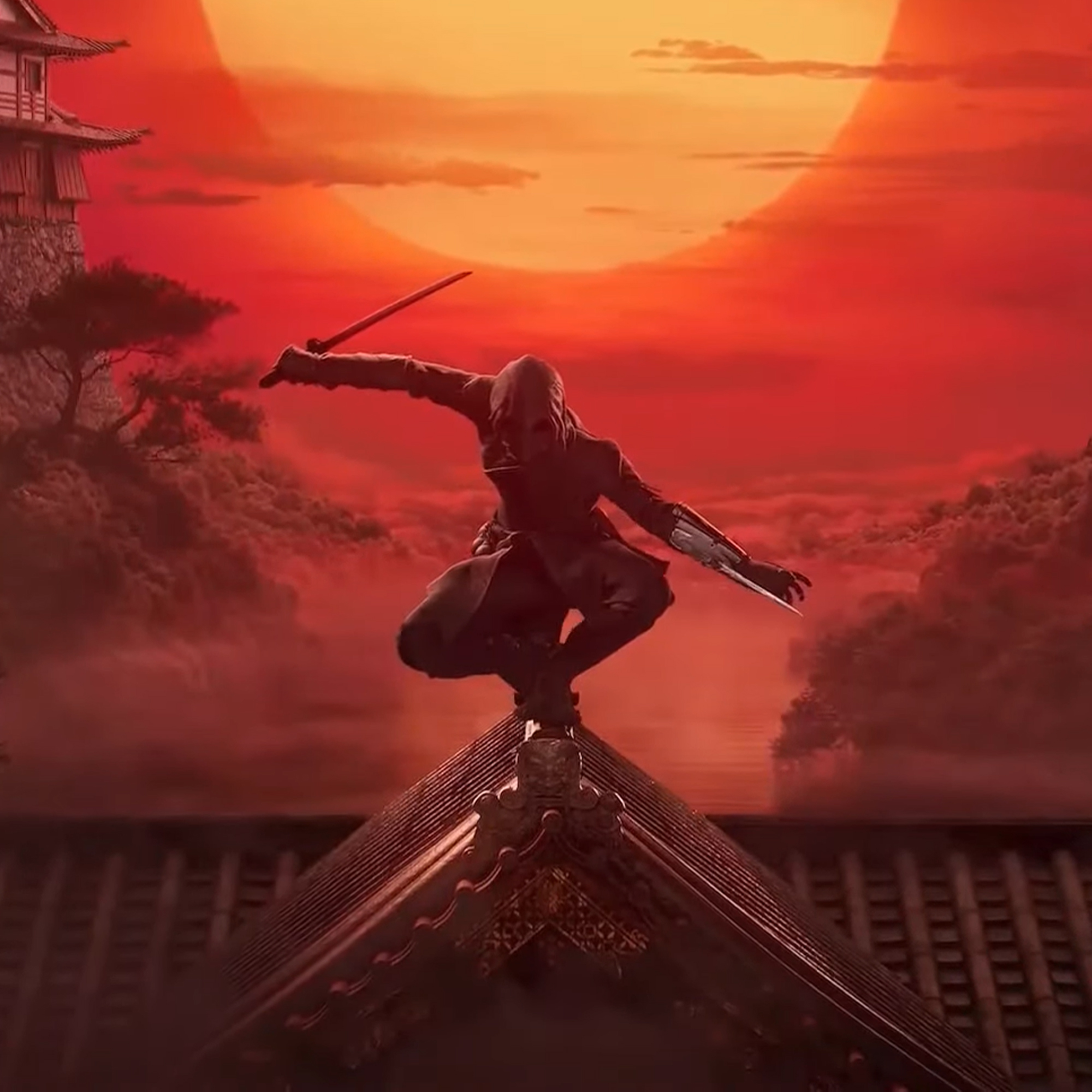A shinobi perched on a rooftop holding a sword and unsheathing a hidden blade from the Assassin's Creed Red trailer.