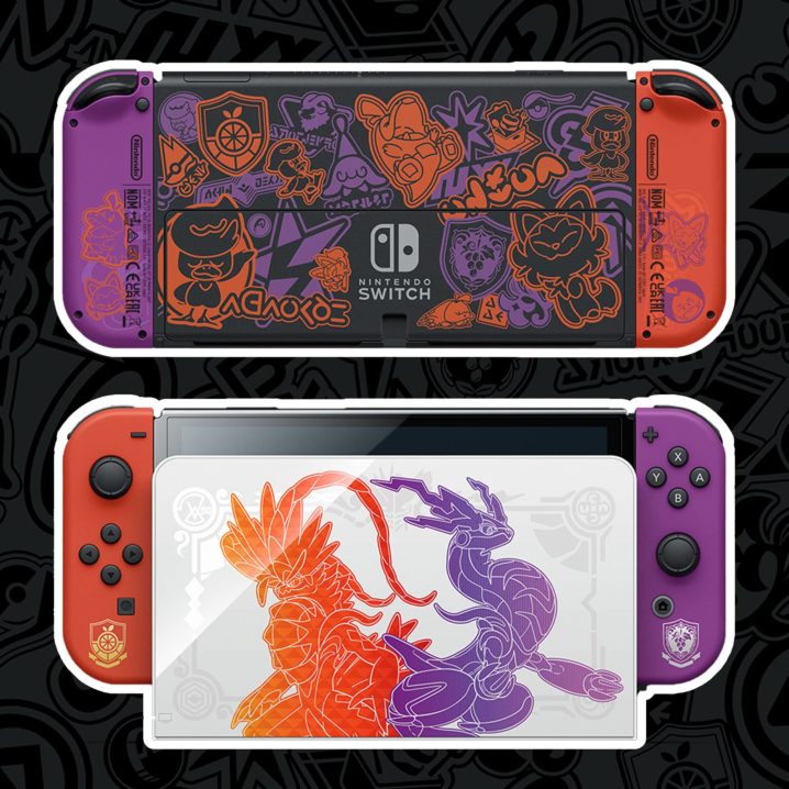Front, back and dock view of the Pokémon Scarlet and Violet Switch OLED.